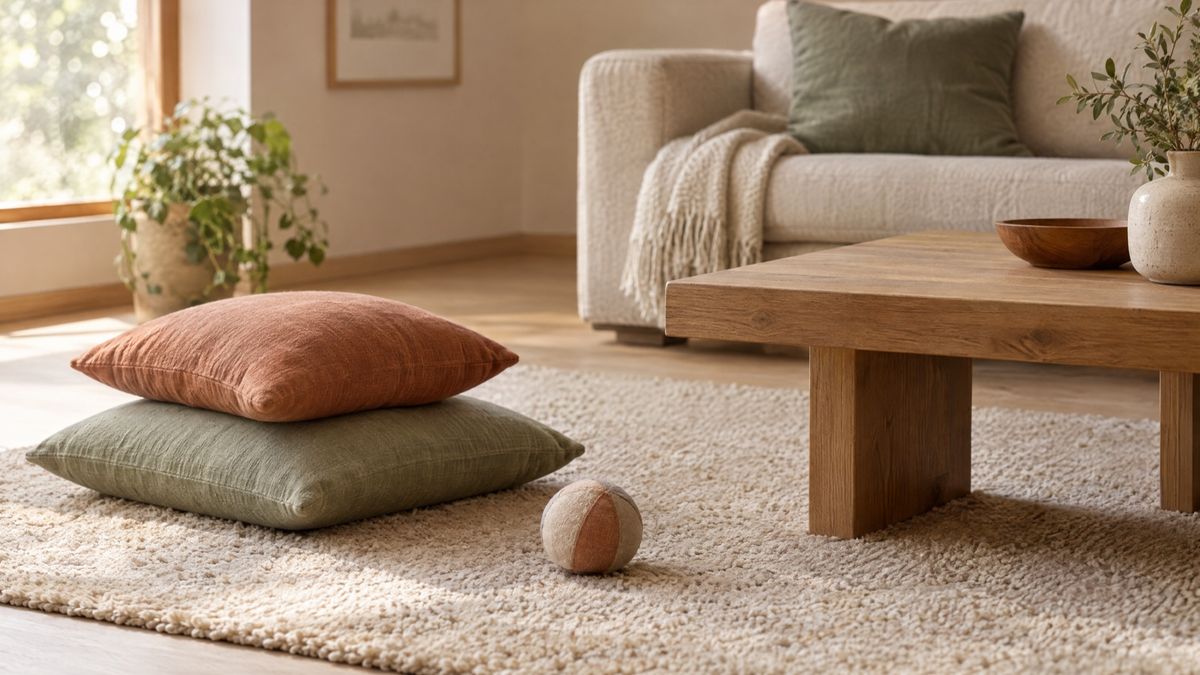 Halı üzerinde üst üste iki minder, bir top ve alçak ahşap sehpa